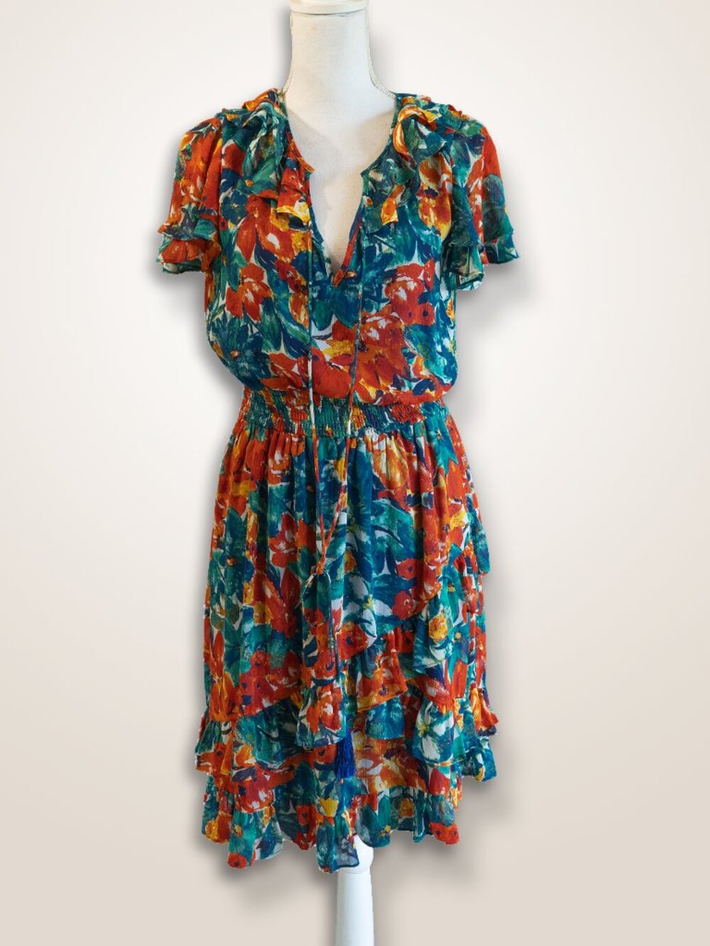 DURO OLOWU Dress Flutter Sleeve Floral Ruffle Colorful Smock Waist JCP Midi
